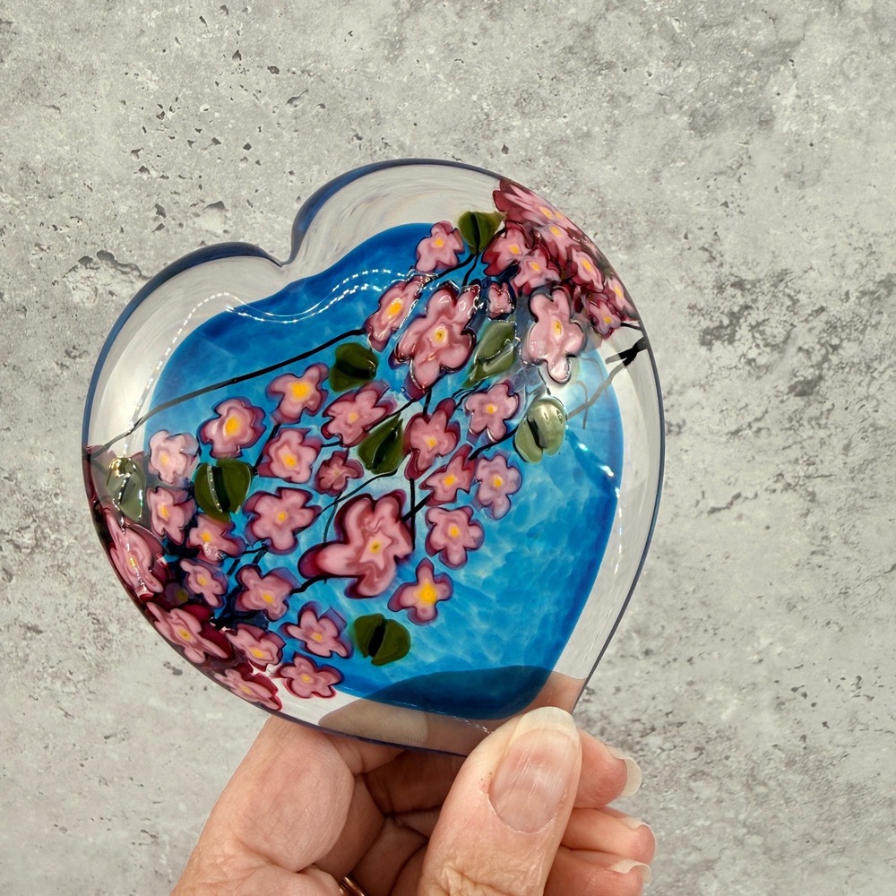 Shawn Messenger 2016 Art‎ Glass Heart Paperweight Murrini Cherry Blossom Blue